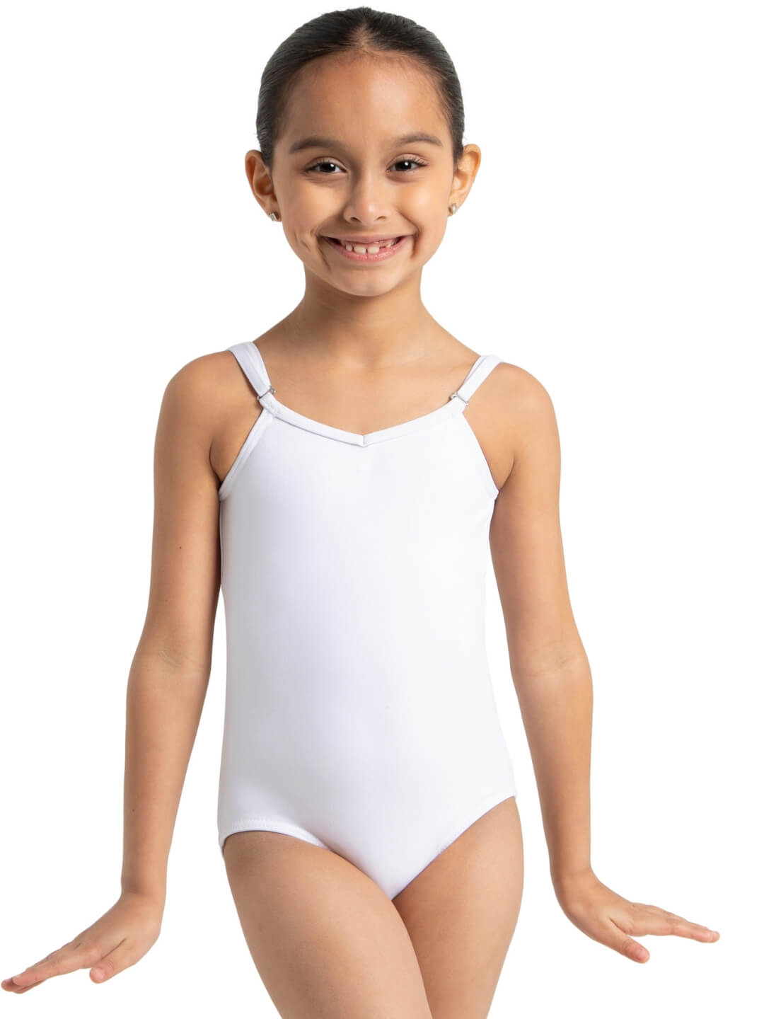 Camisole Leotard with Adjustable Straps for Girls: Soft, stretchy leotard featuring adjustable straps - white